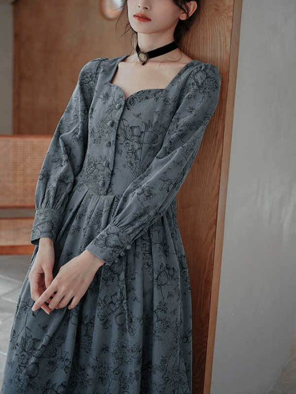 Antique Floral Melody Corduroy Dress