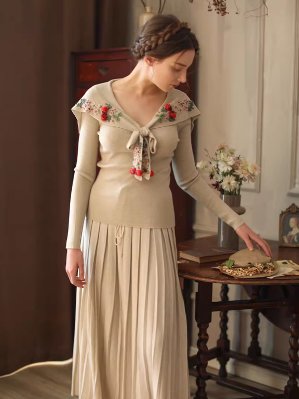 Retro Soft Knit with Floral Embroidery
