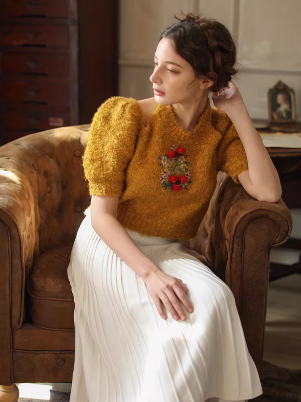 Hand-Embroidered Knit Top