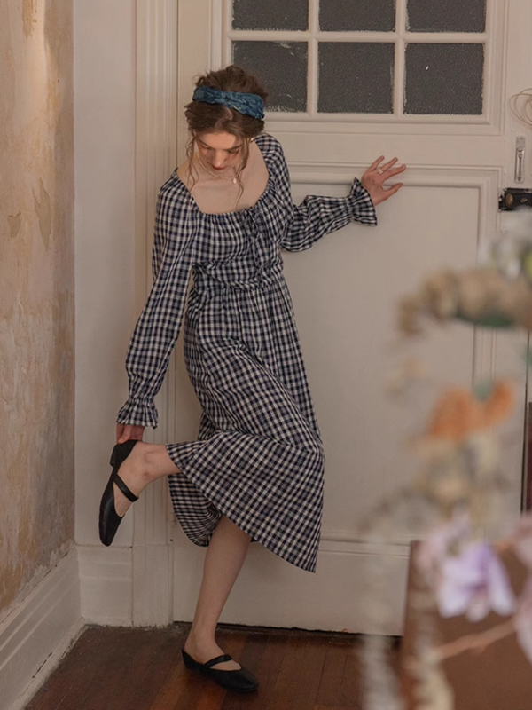 Classic Checkered Ribbon-Strap Dress
