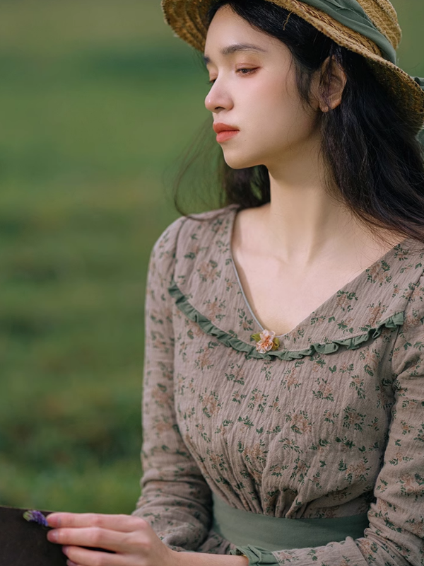 Whispering Meadow Floral Dress with Green Frill