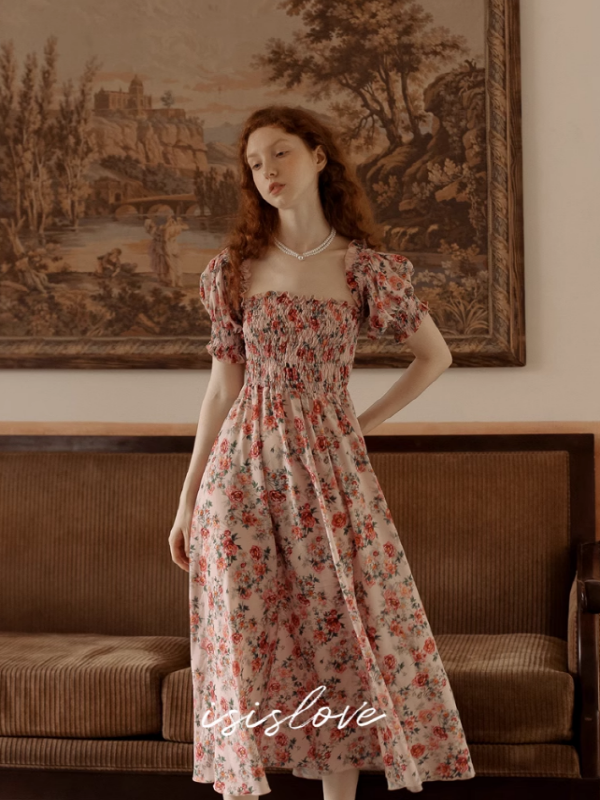 Vintage Pink Flower Off-Shoulder Dress