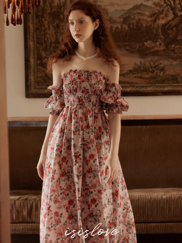 Vintage Pink Flower Off-Shoulder Dress