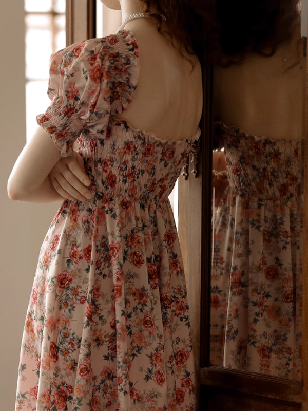 Vintage Pink Flower Off-Shoulder Dress