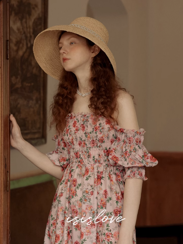 Vintage Pink Flower Off-Shoulder Dress