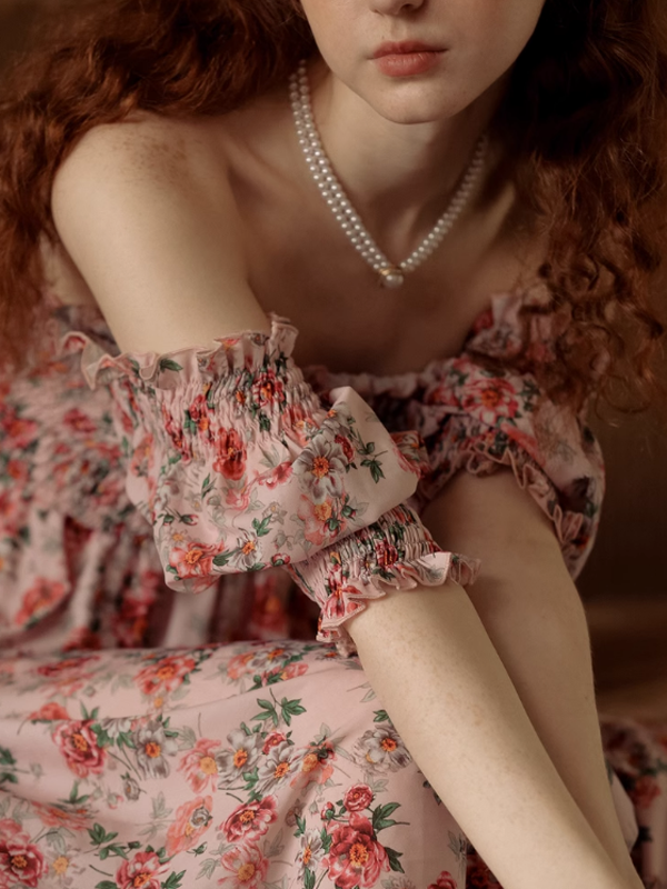 Vintage Pink Flower Off-Shoulder Dress