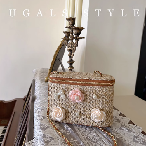 Flower Straw Woven Square Chain Bag