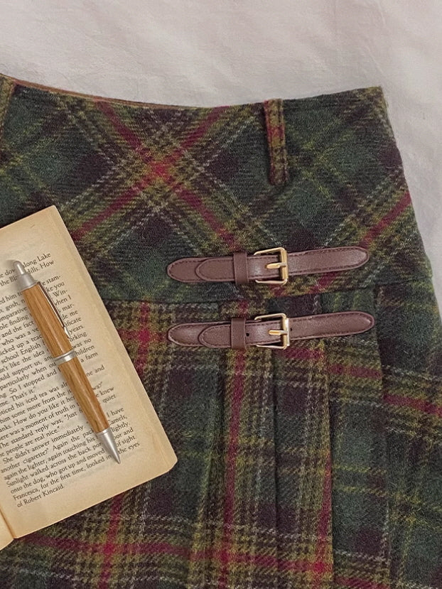 Vintage Wool Plaid Buckle Blue Checkered Skirt