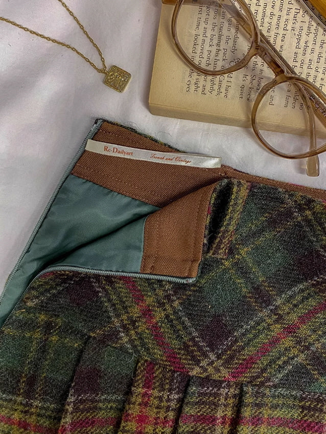 Vintage Wool Plaid Buckle Green Checkered Skirt