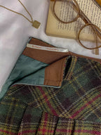 Vintage Wool Plaid Buckle Green Checkered Skirt
