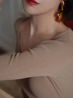Vintage-Inspired Beige Knit and Chiffon Dress