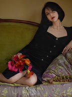 Elegant Black Velvet Dress with Gold Accents