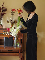 Elegant Black Velvet Dress with Gold Accents