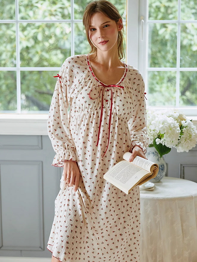 Floral Ribbon-Trim Cottagecore Nightgown