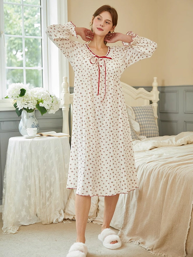 Floral Ribbon-Trim Cottagecore Nightgown