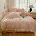 Pink Velvet Check Ruffled Bedding Set