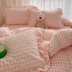 Pink Velvet Check Ruffled Bedding Set