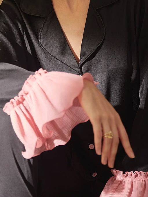 Midnight Ruffle Charm Satin Pajama Set