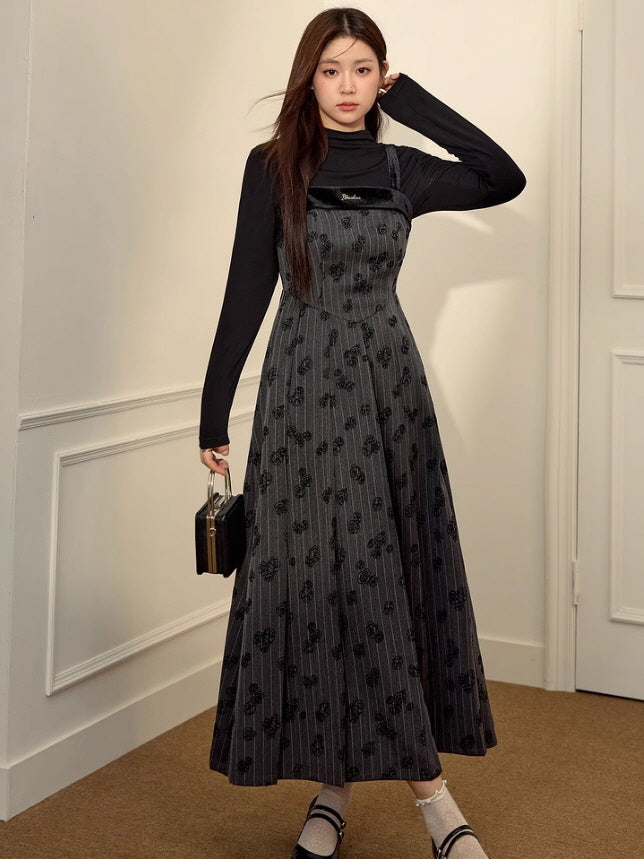 Elegance Noir Floral Velvet Embroidered Pinafore Dress