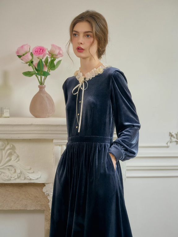Velvet Rose Collar Blue Dress