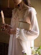 Ethereal Lace-Embroidered Long Nightdress