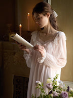 Ethereal Lace-Embroidered Long Nightdress