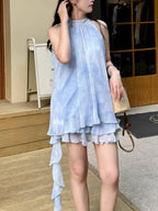 Ethereal Blue Ruffle Rose Halter Top