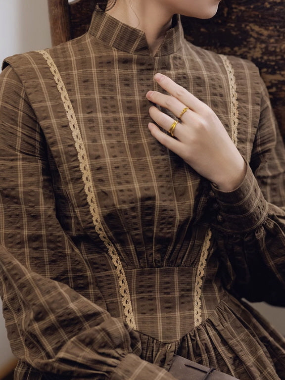 Victorian Plaid High-Neck Lace Trim Dress