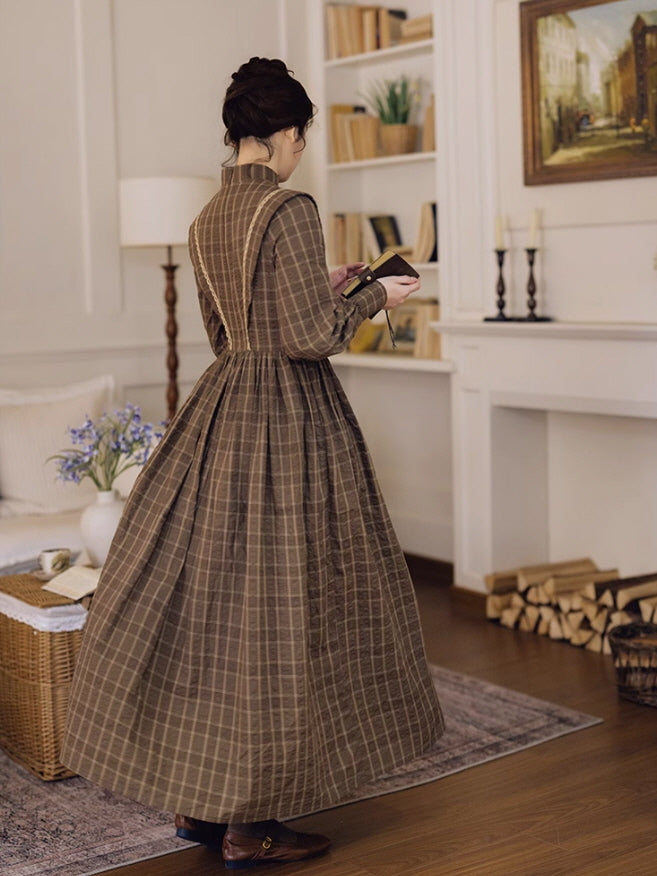 Victorian Plaid High-Neck Lace Trim Dress