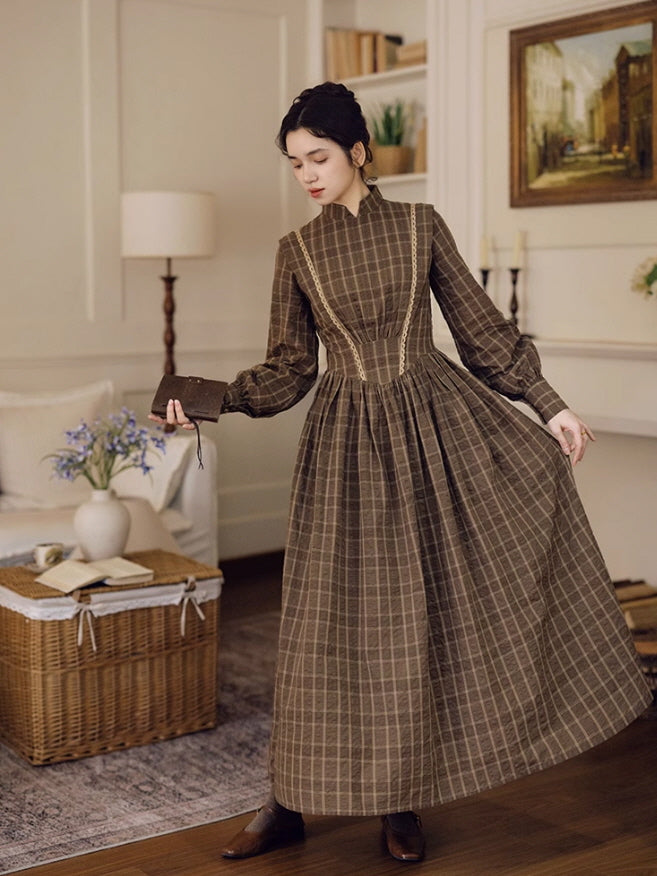 Victorian Plaid High-Neck Lace Trim Dress