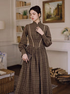 Victorian Plaid High-Neck Lace Trim Dress