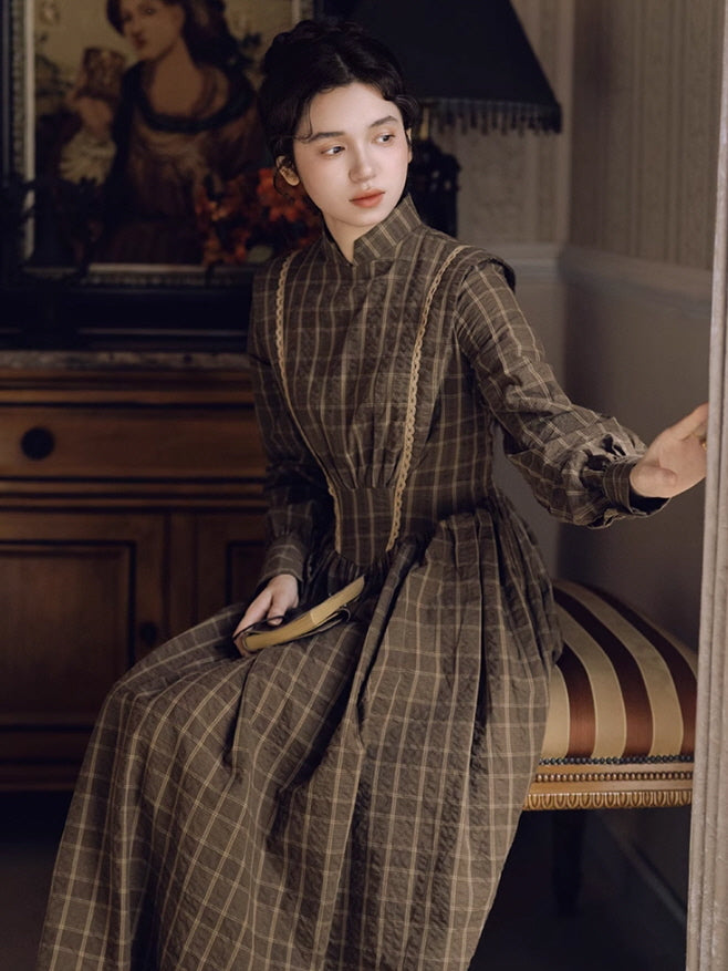 Victorian Plaid High-Neck Lace Trim Dress