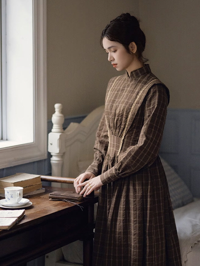 Victorian Plaid High-Neck Lace Trim Dress