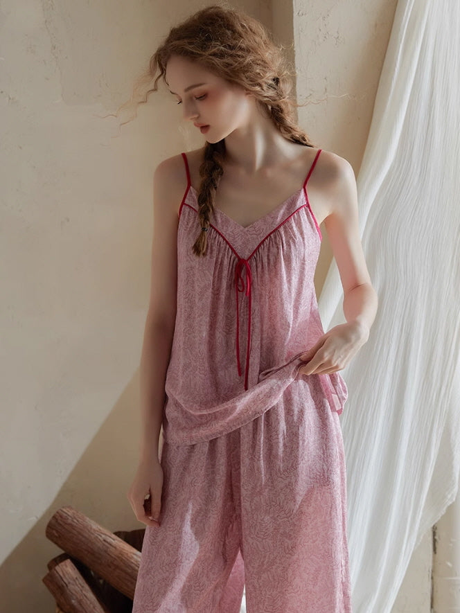 Vintage Ribbon-Tie Pajama Set