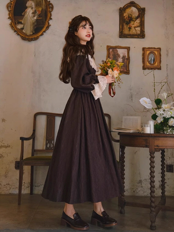 Mocha Reverie Vintage Lace Long Dress