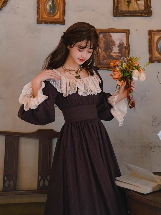 Mocha Reverie Vintage Lace Long Dress