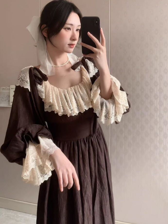 Mocha Reverie Vintage Lace Long Dress