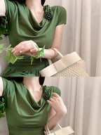 Emerald Whisper Draped Neckline Dress
