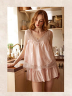 Coquette Blush Lace Ruffle Pajama Set