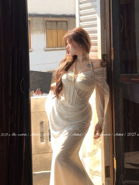 Ethereal White Lace Drape Corset Gown