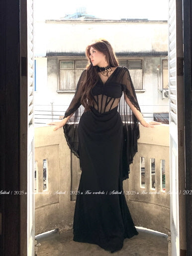 Ethereal Black Lace Drape Corset Gown