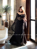 Ethereal Black Lace Drape Corset Gown