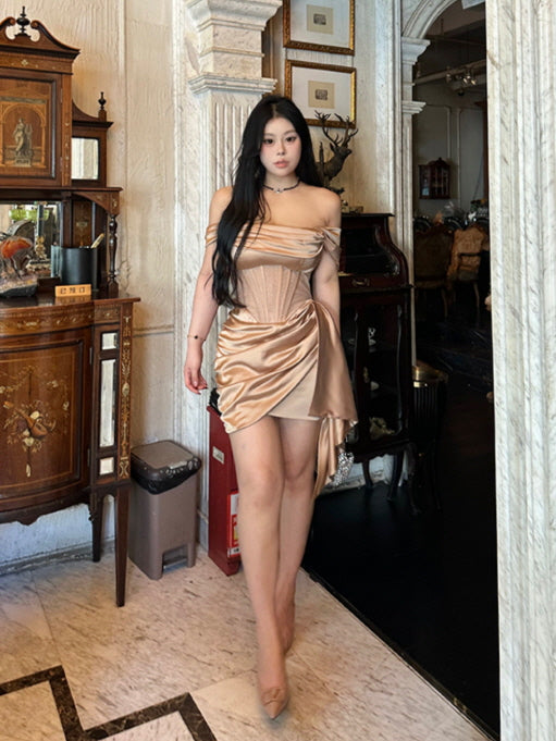 Champagne Satin Corset Mini Dress