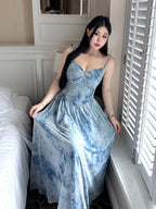 Moonlit Garden Blue Sheer Floral Dress