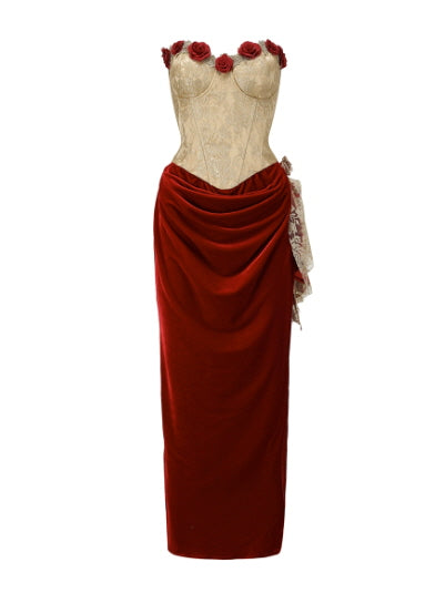 Rose Embellished Gold Corset Velvet Dress