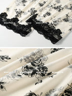 Black Rose Lace Trim Pajama Set
