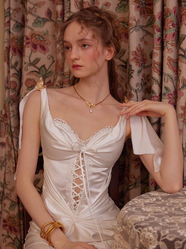 Ivory Lace-Up Satin Corset Dress