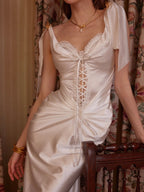 Ivory Lace-Up Satin Corset Dress