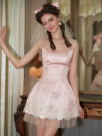 Blush Satin Bow Lace Mini Dress