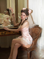Blush Satin Bow Lace Mini Dress